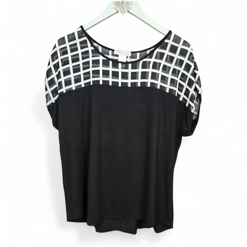 Carol‎ Rose Women's Black T-shirt Mesh Checkered Yoke NWT XL